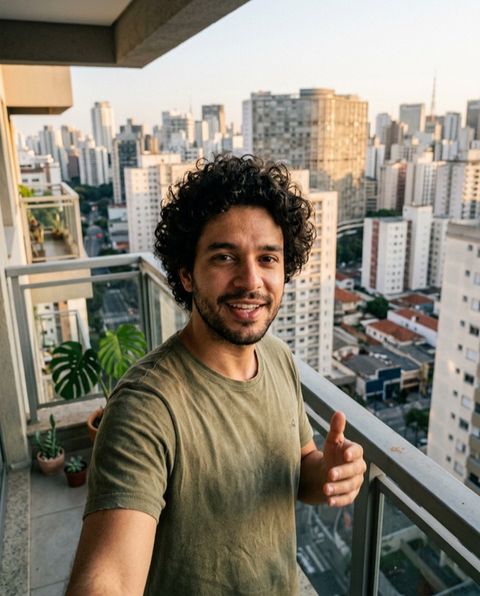 Young man with curly hair on a city balcony