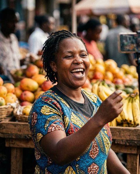 Market vendor laughing at her fruit stall