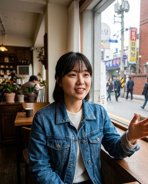Student in a denim jacket by a cafe window