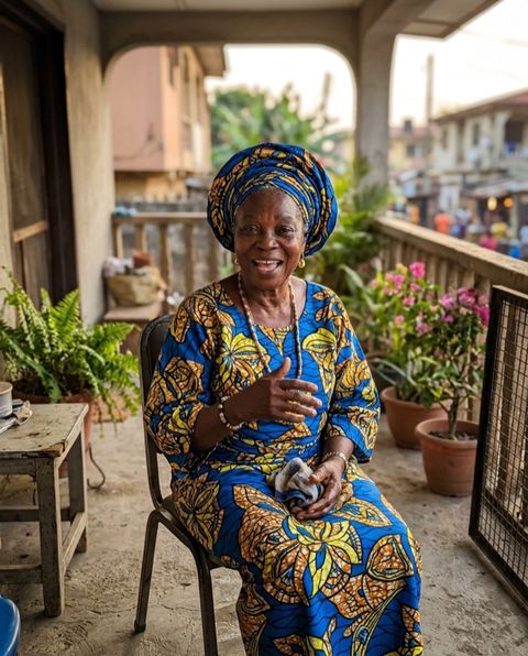 Older woman in a patterned head wrap on a porch
