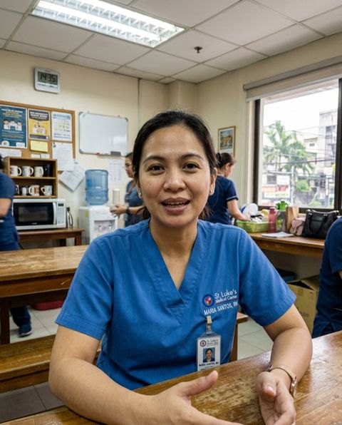 Nurse in blue scrubs in a hospital break room