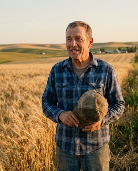 Farmer at the edge of a wheat field